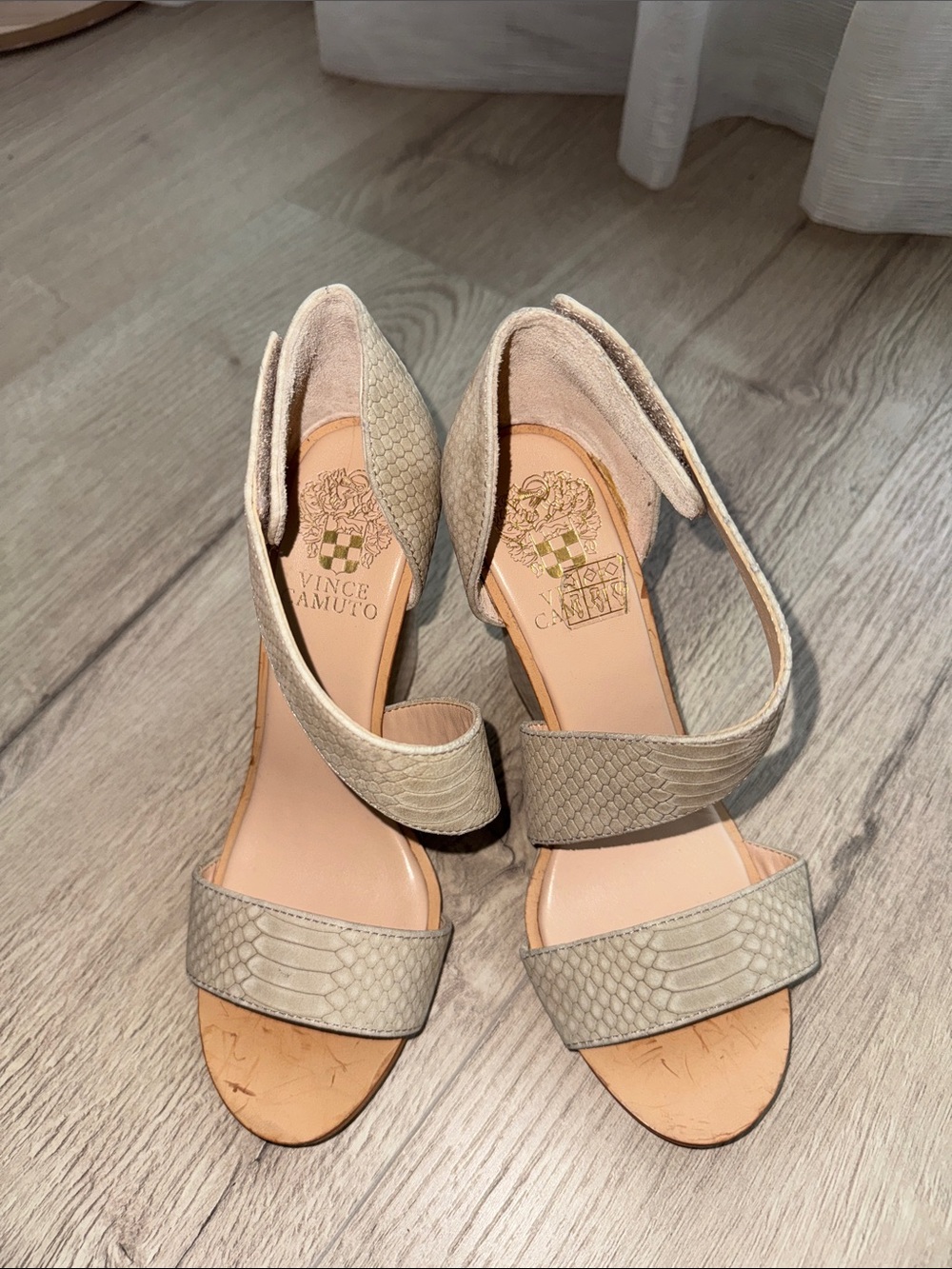 Vince Camuto Neutral Snake-Embossed Ankle Strap Heels